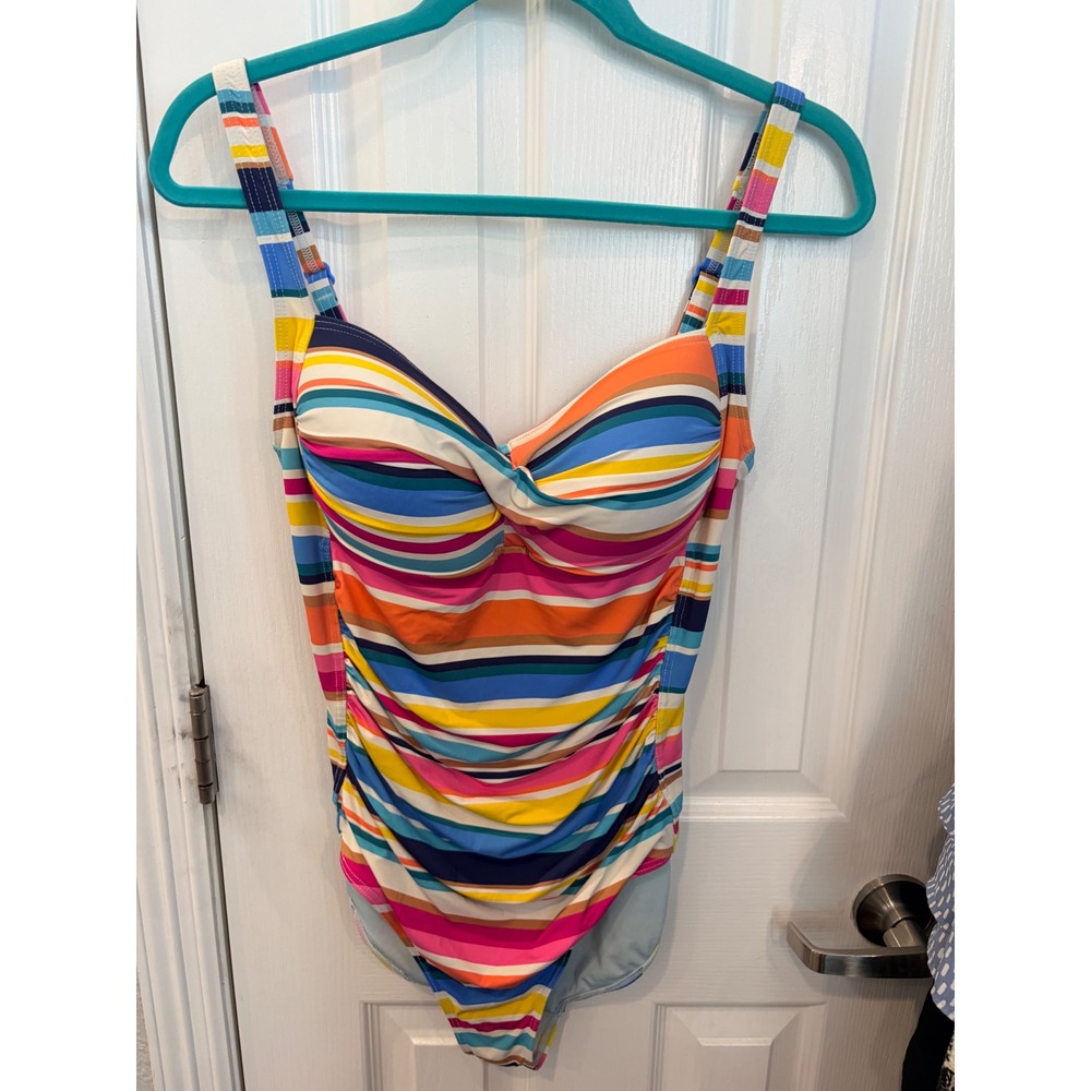 Nip Tuck Swim One Piece Swimsuit Multi Stripe Ruched Tummy Control Size 10